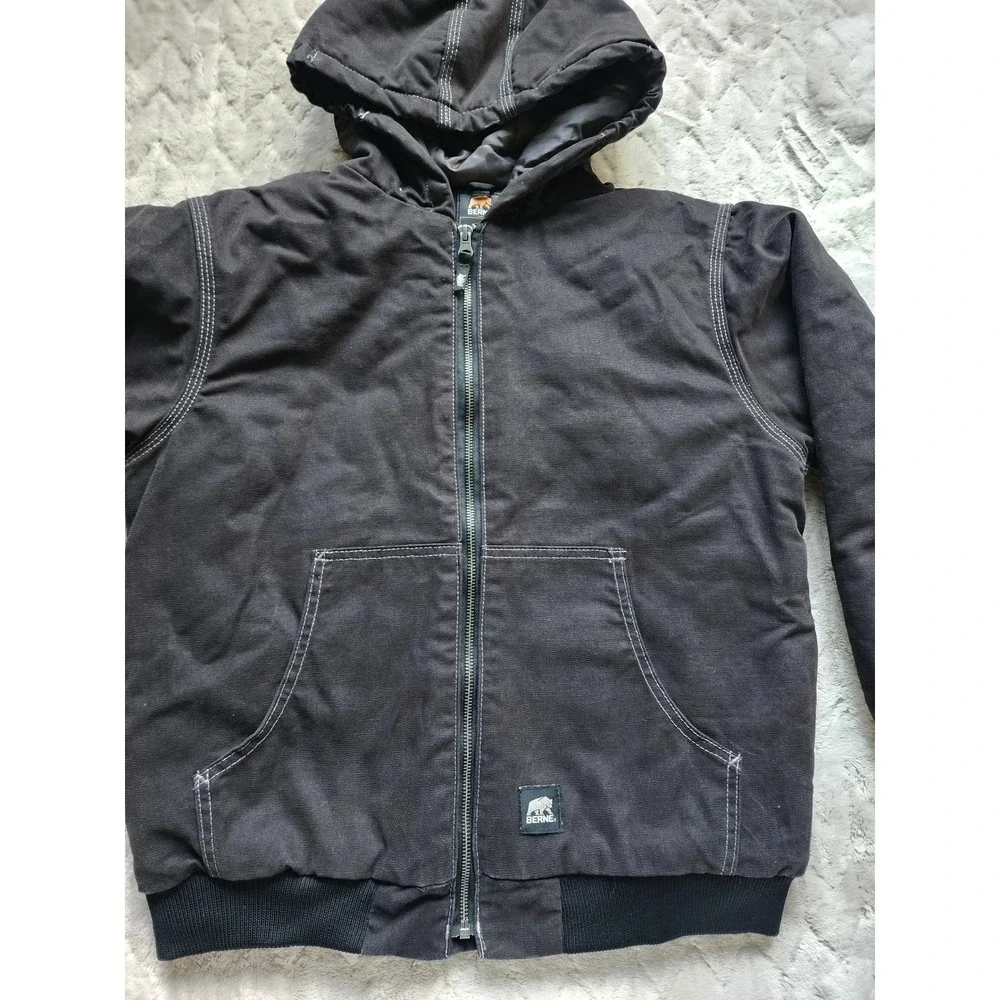 Berne Kids Black Canvas Hooded Workwear Jacket L Cotton Duck Zip Up Coat